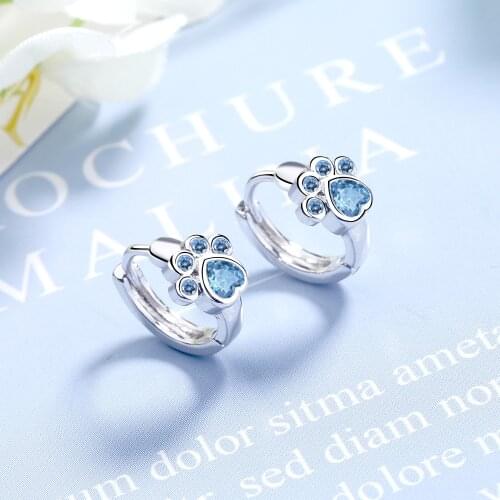 Simple Cute 925 Sterling Silver Animal Cat Paw Mark Blue Mosaic Zircon Crystal Earrings for Women Promise Wedding Band Jewelry