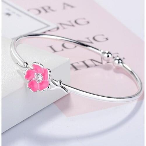 Sole Memory Flower Sweet Pink Cherry 925 Sterling Silver Temperament Female Literary Trendy Resizable Bangles SBR100