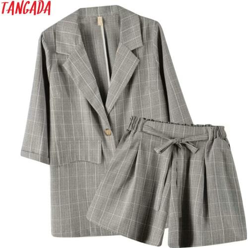 Tangada 2020 Summer Women Plaid Print Blazer Shorts Set Suit 2 Piece Set Blazer and Shorts High Quality 8X03