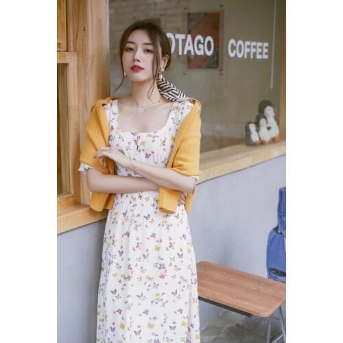 Women Dress 2021 Spring New Square Collar French Retro Butterfly Dress Female