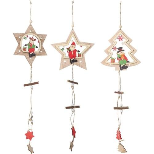 1PCS Star Printed Wooden Pendants Ornaments Xmas Tree Ornament DIY Wood Crafts Kids Gift for Home Christmas Party Decorations