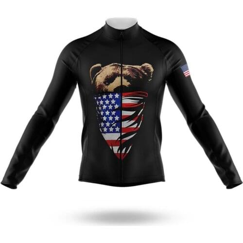 2021 American Flag Bear Mens Cycling Jersey Long Sleeve Clothing Race Road Bike Shirts Bicycle Tops MTB Uniform Maillot