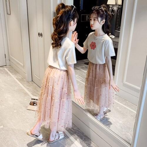 3 4 5 6 7 8 9 10 11 12 13 14 Years Kid Clothes Big Girls Skirt Suit T Shirt Top Flower Tutu Skirt Child Clothing Mesh Long Skirt