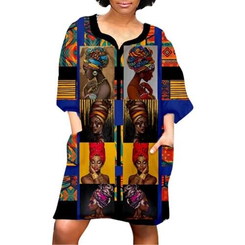 40#African Vintage Print Dress Womens Summer Women Middle Sleeve V Neck Casual Loose Elegant Dress Vestidos Femininos Vestido