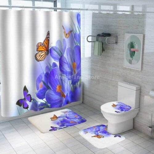 Butterfly Shower Curtain Fashion Non Slip Rug Mat Bathroom Curtains Waterproof Polyester Bathroom Curtain Hooks Purple Flower