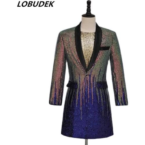 Glitter Multi-color Sequins Stripes Suit Jacket Performance Costume Evening Party Concert Singer Host Formal Slim Long Coat 3XL