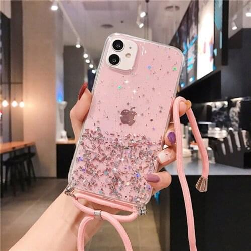 Necklace Case for iPhone 12 Strap Case iPhone 11 Pro MAX XS MAX XR X Glitter Case For SE 2020 6 6S 7 8 Plus 5 5S Lanyard Fundas