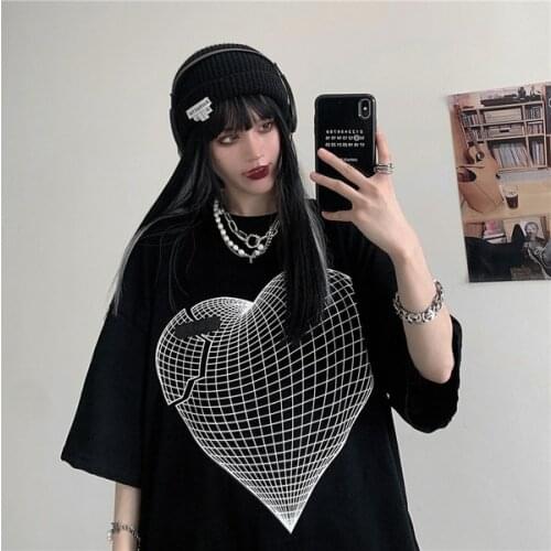 Summer Gentle Gothic Womens T-shirt Cute Kawaii Love Print Top Japanese Streetwear Alt Clothes Aesthetic Female Clothing Punk