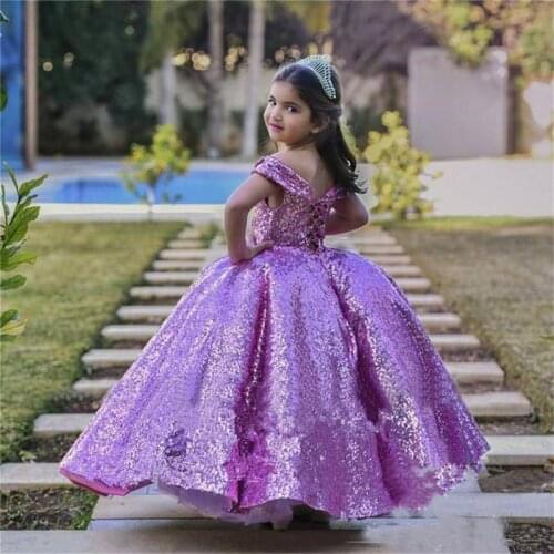 Gy Corset Back Kids Girls Party Gowns Purple Sequined Pageant Dresses for Girls Princess Off Shoulder Flower Girls Dresses