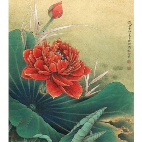 Chinese classical red lotus flower scenery oil painting canvas printings printed on canvas home wall art decoration picture