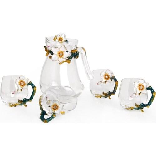 Literature And Art Color Enamel Crystal Flower Transparent Teapot And Glass Red Wine Glass Coffee Cup For Drinks Set 5pcs/Set