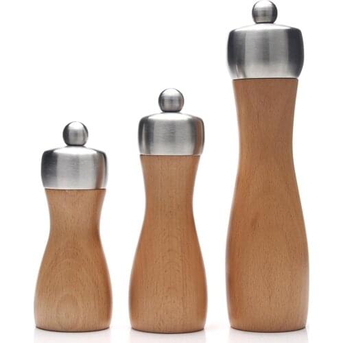 Premium Wood Salt and Pepper Grinder Set, Beech Pepper Mill, Shakers with Adjustable Carbon Steel or Ceramic Core