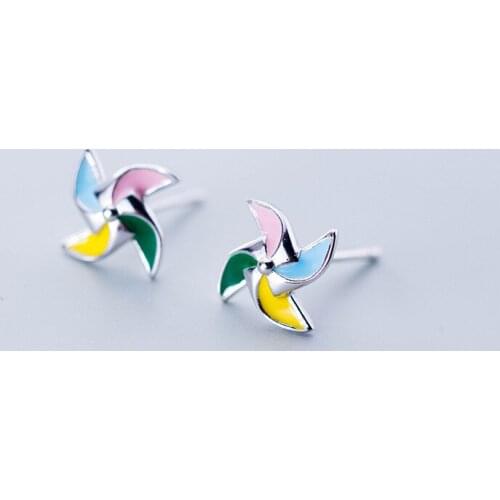 Ruifan Cute Colorful Windmill Small Stud 925 Sterling Sivler Earrings for Women Girls Silver/Gold Color Fashion Jewelry YEA377