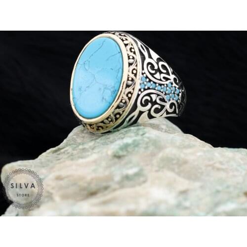 Original Sterling 925 Silver Mens ring With Turquoise Stone . Mens Jewelry All Sizes Are Available