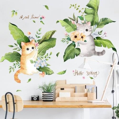 Cartoon Cat Wall Stickers Banana Leaves Living Room Bedroom Wall Decoration Aesthetic Self Adhesive Murals