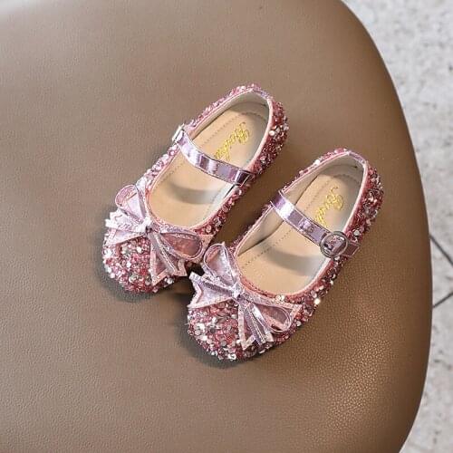 New Rhinestone Pink Princess Shoes Girls Leather Shoes Children Bow Soft-Sole Girls Performance Dance Shoes G97