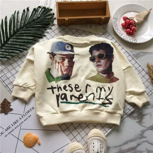 Tonytaobaby Autumn Clothing New Style Baby Beige English Printed Head Pure Cotton Pullover Kids Sweatshirt