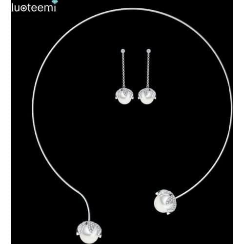 LUOTEEMI New Collier Femme Women Elegant Korea Style Collars Micro CZ with Double Pearls Necklace Copper White Gold-Color