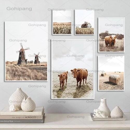Pastoral Landscape Poster Home Decor Picture Nordic Canvas Painting Cattle Field Windmill Scenery Wall Art Print for Living Room