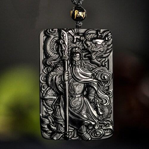 Hand-Carved Guanyu Black Obsidian Jade Pendant Necklace Chinese Fashion Natural Jewelry Charm Amulet Accessories for Men Gifts
