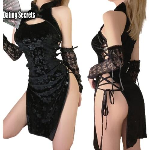 Sexy Lingerie Black Velvet Printing Hollow Side Split Fork Bandage Women Retro Cheongsam Erotic Cheongsam Temptation Underwear