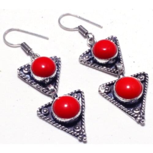 Genuine Coral Silver Overlay on Copper Earrings , Hand made Women Jewelry Gift, E5403