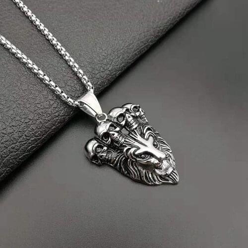 Stylish new punk vintage stainless steel skull lion head charm fashion pendant ornament necklace jewelry