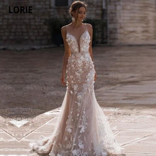 LORIE Mermaid Wedding Dresses Boho Spaghetti Strap Appliques Lace Champagne Wedding Gown Backless Bridal Dress suknia slubna
