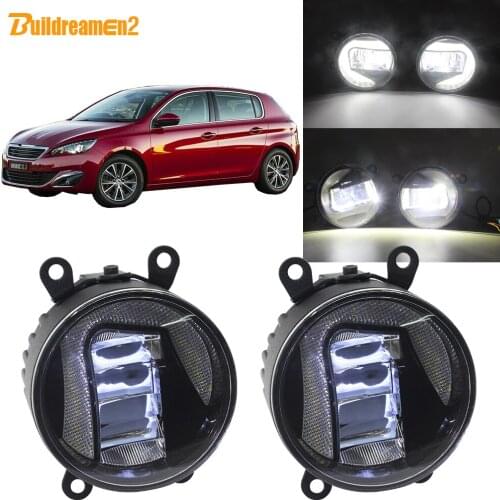 Buildreamen2 Car 90mm Round Projector LED Lamp Front Fog Light + DRL Daytime Running Light White 12V For 2013-2018 Peugeot 308