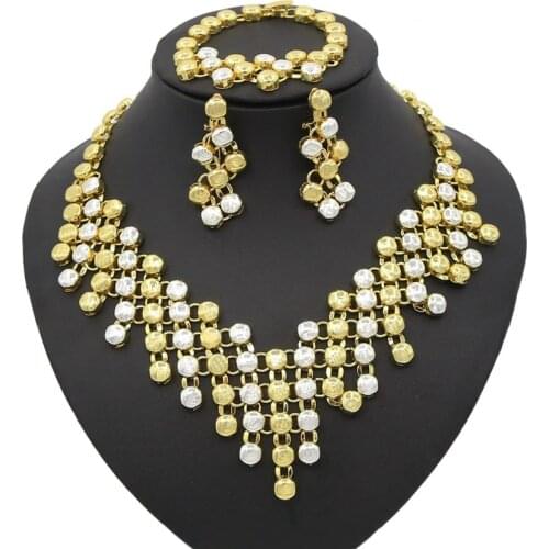 Yulaili Vintage Dubai Gold Jewelry Sets for Women Round Shape Necklace Dangle Earrings Charm Bracelet Wedding Jewelery Set