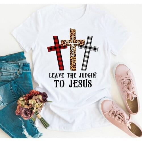 Leave The Judgin' To Jesus Colored T-shirt Vintage Buffalo Plaid Leopard Cross Jesus Top Women Religious Christian Easter Tshirt