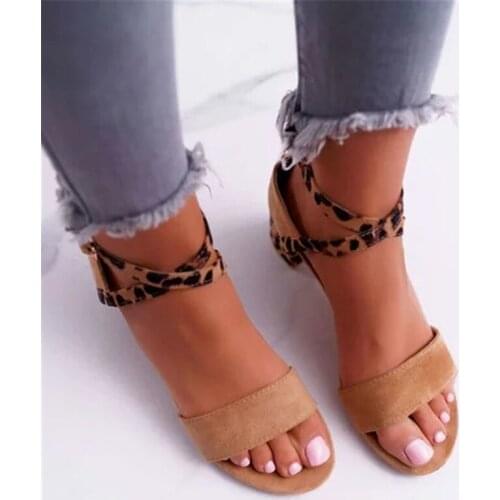 2020 New Leopard Print Buckle Sandals Solid Color Open Toe Ladies Sandals Summer Thin High Heels Comfortable Flock Shoes
