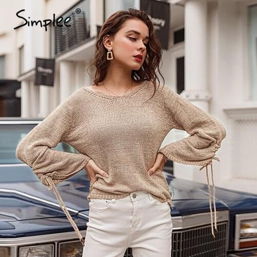 Simplee Lace up knitted sweater pullover Women casual loose winter sweater jumper Female sexy v neck flare sleeve autumn sweater