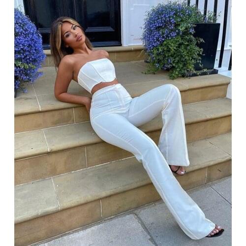 Women Strapless Corset Crop Top and Flare Pants Sets Solid High Waist Sexy Outfit Elegant Casual Legging 2 Piece Set