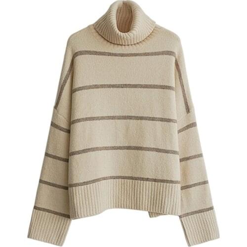 2020 Vintage Fashion Women Christmas Sweaters Striped Knitted Winter Clothes Casual Turtleneck Women Pullovers pull femme XA304