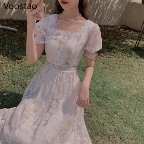 Elegant Sweet Chic Floral Embroidery Chiffon Dress Women Vintage Square Collar Lace Ruffles Midi Dresses Evening Party Vestidos