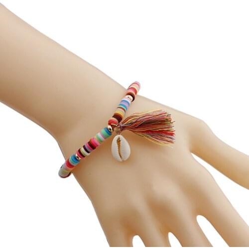 ZV 10pcs Bohemian Beach Handmade Brass Color Bracelete Clay Shell Tassel Rope Chain Jewelry For Women Jewelry Gift Wholesale