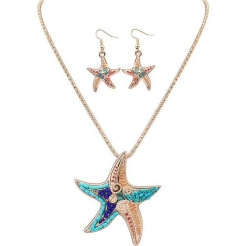 2020 New Fashion Gold Silver Color Enamel Starfish Jewelry Sets For Women Girl Colorful Sea Star Necklace Earrings Set Gift