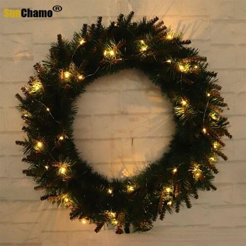 Christmas Green Pvc Yellow Head Wreath Warm Light Decoration Door Hanging Shop Hotel Window Furnishings for Wedding Decoration
