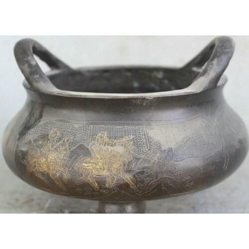 FREE SHIPPING S2101 8 Marked Chinese Bronze 3 Foot Round Person Ride Horse Incense Burner Censer