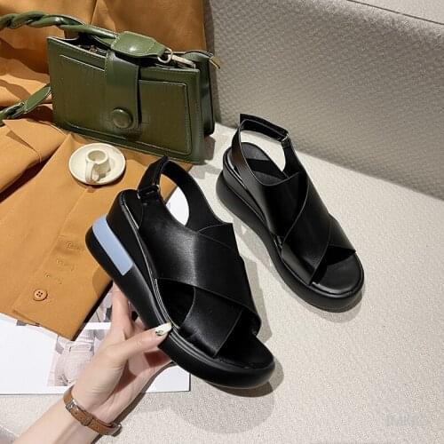 Summer Leather Shoes For Women 2021 Platform Wedge Sandals Ladies 7cm High Heel Fish Mouth Retro Womens Shoes Sandalias Mujer