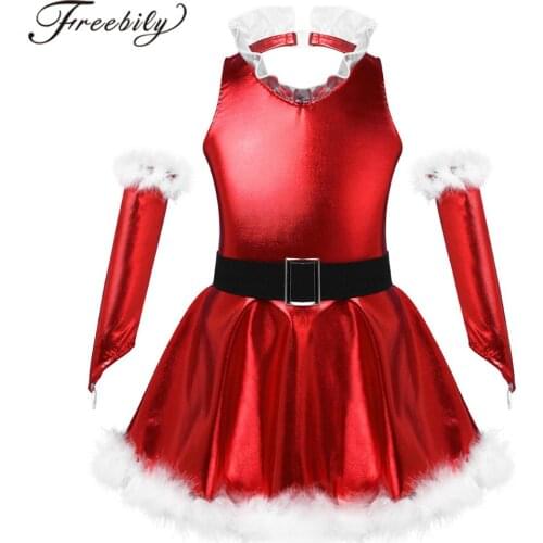 Kids Girls Christmas Dance Costume Sleeveless Ruffle V Neck Elastic Waistband Open Back Dress with Faux Fur Hem Split Sleeve