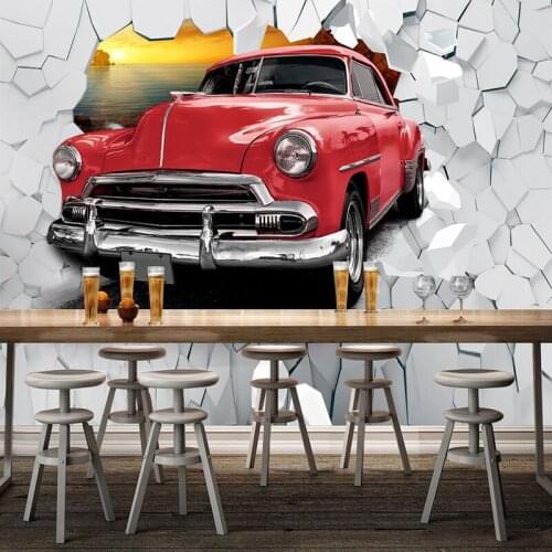 Dropship Custom Mural Wallpaper European Retro Car Broken Wall 3D Brick Wall Papers Home Waterproof Wallpaper Brick Wallpaper