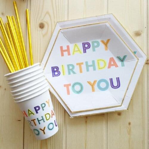 8pcs Happy Birthday Disposable Tableware Set Paper Plate Straw Cup for Wedding Birthday Decoration Baby Shower Party Supplies