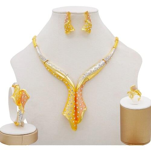 Wedding Bridal Party Wavy Rhinestone Jewelry Set Choker Necklace Bracelet Ring Earrings Set Multi-color Women Jewelry