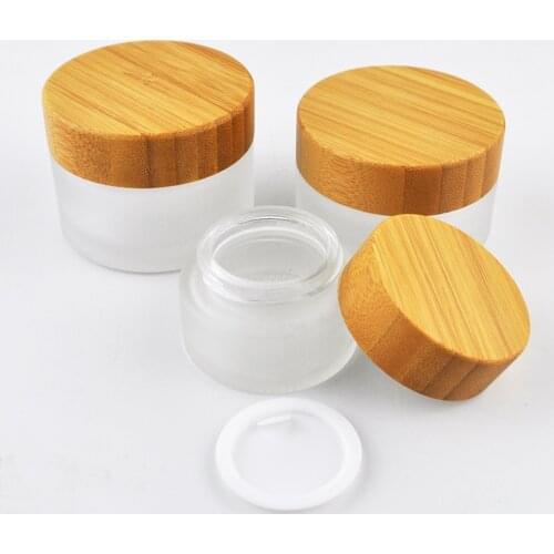 NATURAL 3OZ frosted cosmetic cream jar with wooden bamboo lid glass empty bottle skin cream packaging container facial cream jar