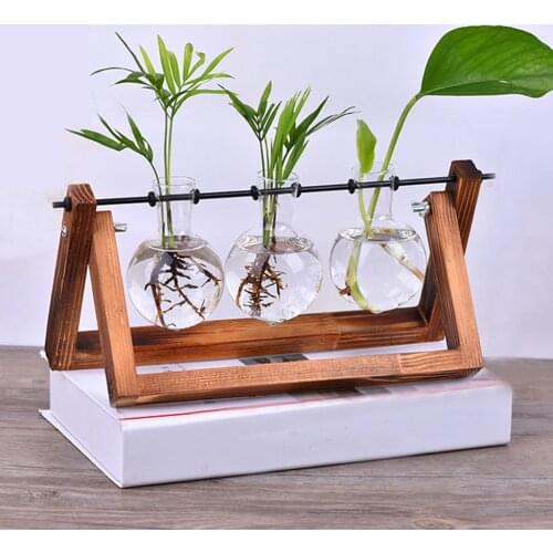 New Hydroponic Plant Vases Glass Vase Planter Terrarium Table Desktop Bonsai Flower Pot Hanging Pots with Wooden Tray Home Decor