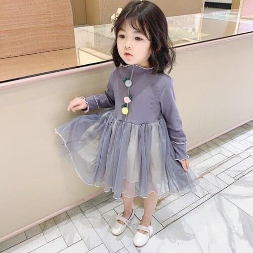 DFXD Spring Kids Girls Dress Korean Style Children Long Sleeve Lovely Balls Knit Mesh Princess Dress 2-7T Baby Dresses For Girls