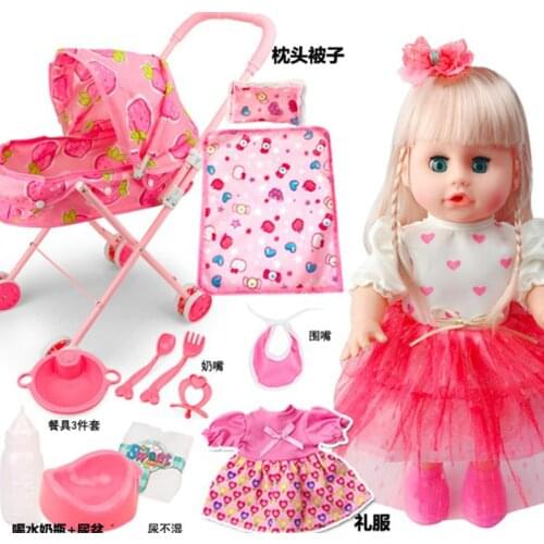 Cute Reborn baby talking doll vinyl body girl alive with pink Trolley Foldable Pushchair set for children doll toys gift