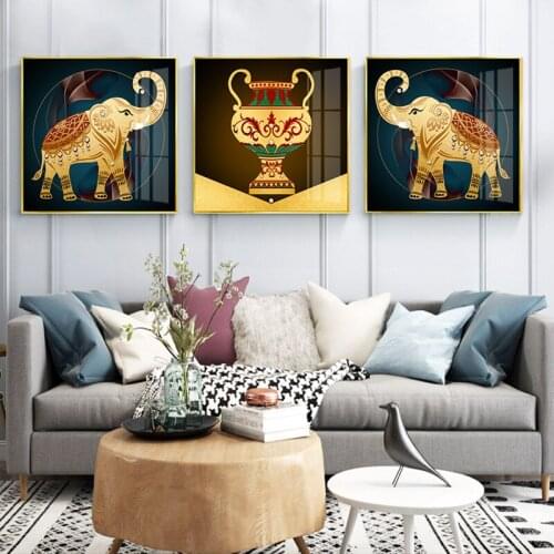 Nordic Golden Deer Tree Vase elephant Canvas Art Cuadro Poster and Print for Living Room Abstract Sunrise Field Wall Art Decor